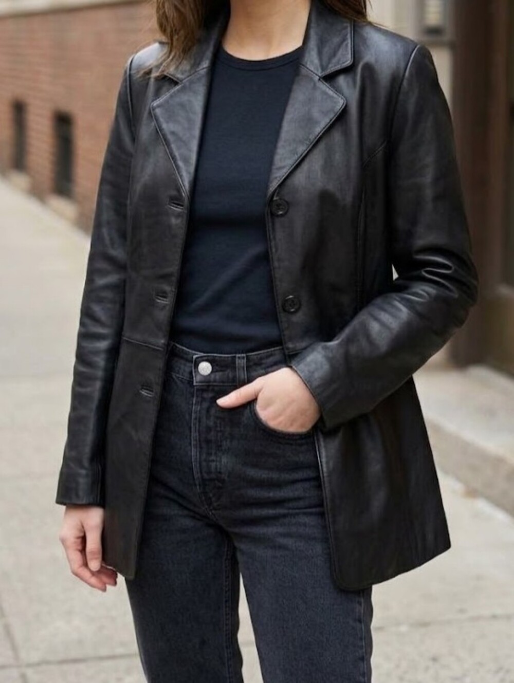 Black Genuine Lambskin Leather 3-Button Blazer Jacket Adler Collection Size S